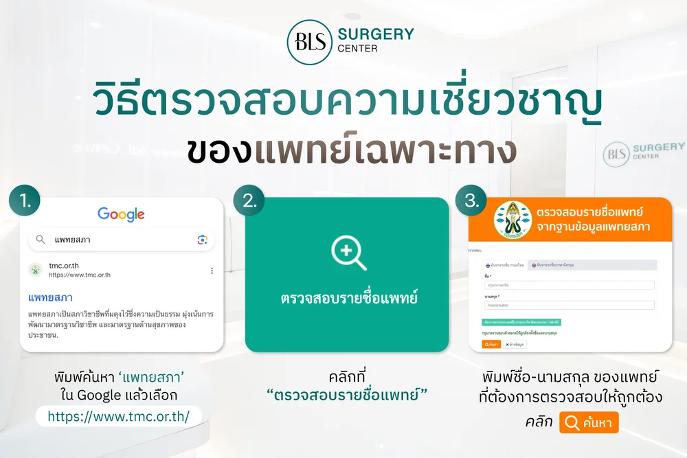 สามารถตรวจสอบความเฉพาะทางของแพทย์ ได้จากเว็บไซต์ของแพทยสภาโดยตรง https://www.tmc.or.th/